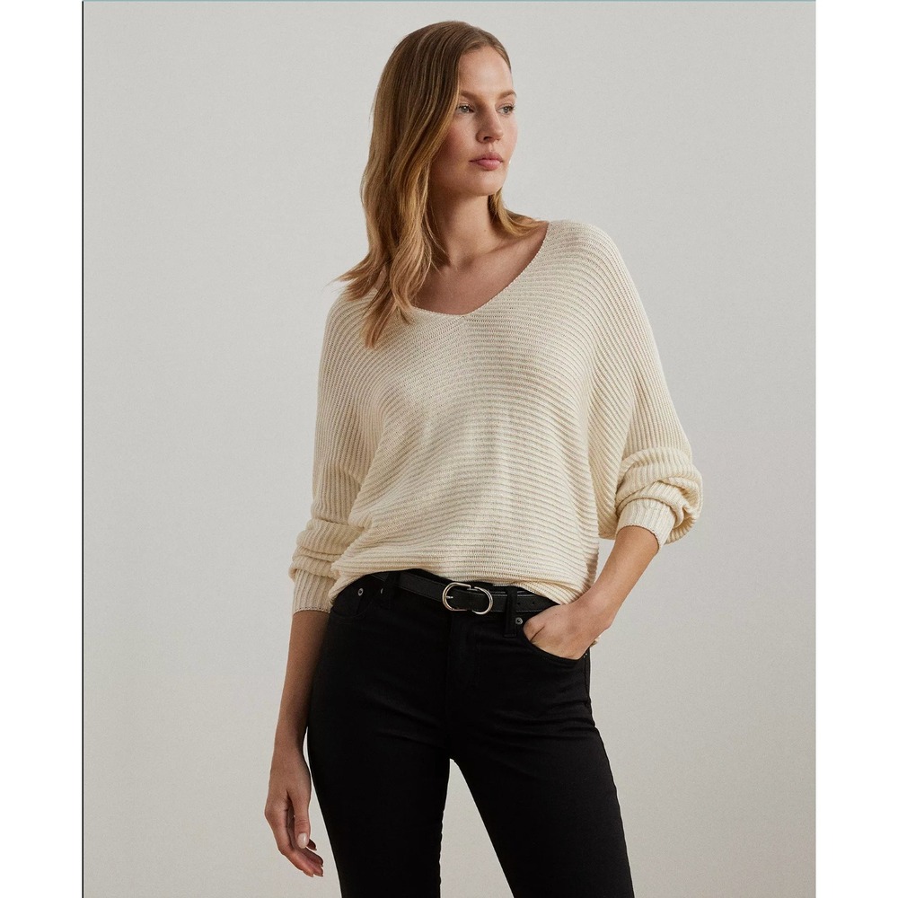 Lauren Ralph Lauren Dolman Sweater Womens Large Cream Rib Knit V-Neck $145 NWT